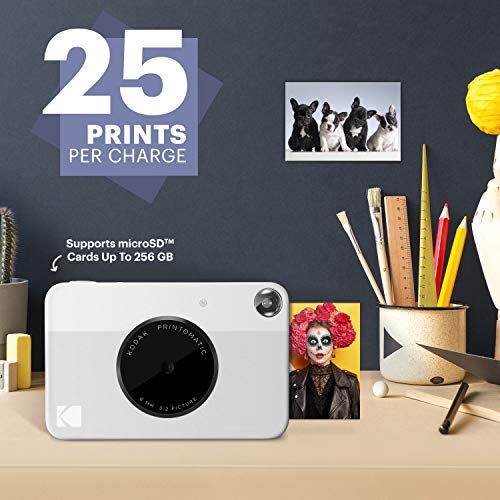 Kodak Printomatic Instant Camera (Grey) Gift Bundle + Zink Paper (20 Sheets) + Deluxe Case + 7 Fun Sticker Sets + Twin Tip Markers + Photo Album.