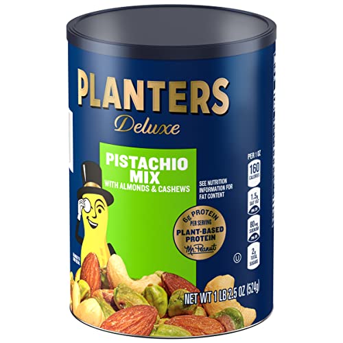PLANTERS Deluxe Pistachio Mix, 1.15 lb. Resealable Canister - Deluxe Pistachio Mix: Pistachios, Almonds and Cashews Roasted in Peanut Oil with Sea Salt - Kosher, Savory Snack