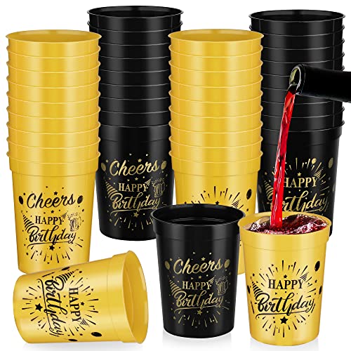 Shojoy 40 Pack Happy Birthday Party Cups Black and Gold Birthday Stadium Cups 8 Ounces Reusable Plastic Tumblers for Birthday Anniversary Party Supplies Decors