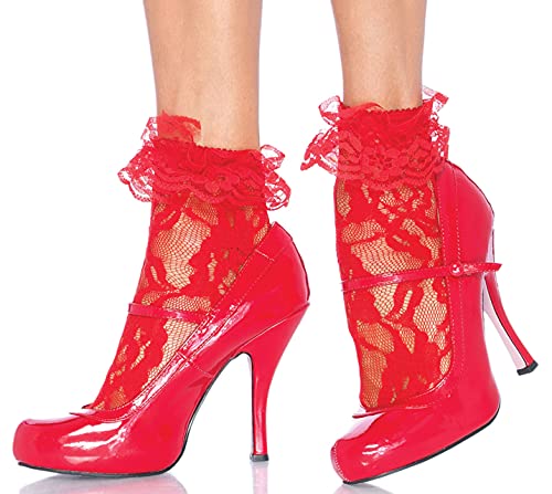 LegAvenue-Women's Ruffle Cup Lace Anklet Socks, Red, One Size
