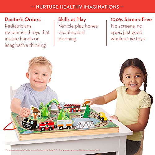 Melissa and Doug 17-Piece Wooden Take-Along Tabletop Railroad, 3 Trains, Truck, Play Pieces, Bridge - Wooden Train Sets For Kids Ages 3+
