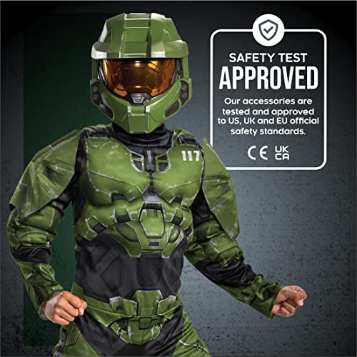 Halo Infinite Master Chief Costume, Kids Size Muscle Padded Video Game Inspired Character Jumpsuit, Child Size Large (10-12), Green and Black