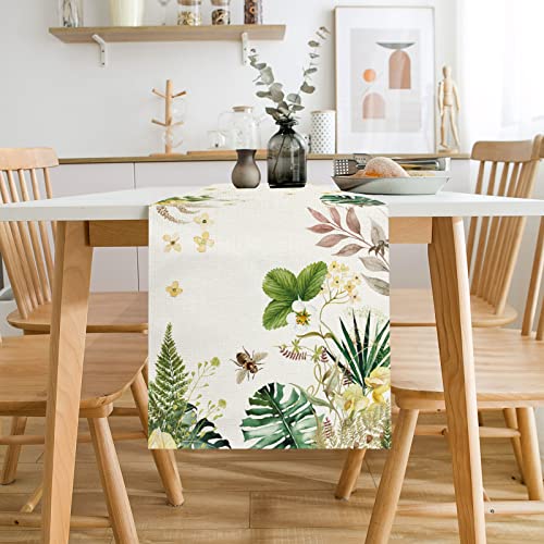 PROCIDA Summer Green Leaf Table Runner Troical Floral Leaves Burlap Table Runners Seasonal Holiday Party Kitchen Indoor Outdoor Dinning Decor 13x72 Inch