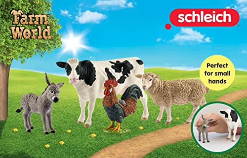 Schleich Farm Animal Toys and Playsets - Farm World 4 Piece Starter Set with Cow, Rooster, Sheep, and Donkey Figurine, Farming Action Figures and Accessories for Kids Ages 3 and Above