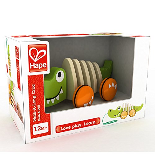 Hape Walk-A-Long Croc Toddler Wooden Pull Along Toy, L: 11.6, W: 4.3, H: 4.3 inch