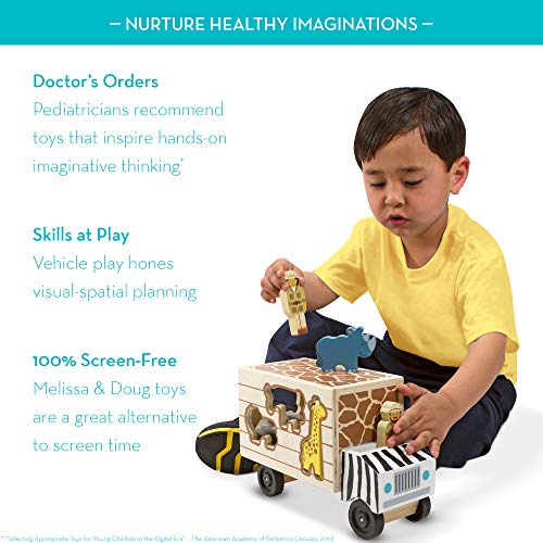 Melissa and Doug Animal Rescue Shape-Sorting Truck - Wooden Toy With 7 Animals and 2 Play Figures -Vehicle Toys For Toddlers