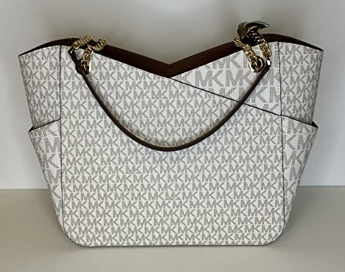 Michael Kors Women's Jet Set Travel Large Chain Shoulder Bag bundled Purse Hook and Skinny Scarf (Signature MK Vanilla)