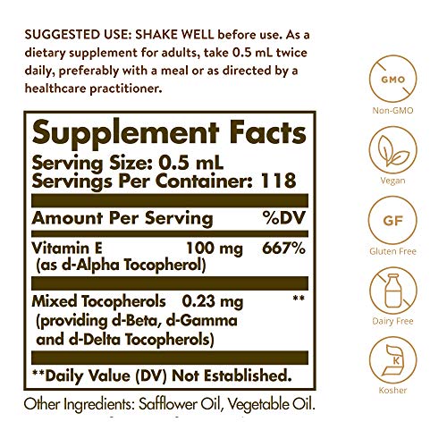 Solgar Liquid Vitamin E (with dropper), 2 fl. oz. - Antioxidant, Skin and Immune Support, Overall Health - Natural, Liquid Vitamin E - Non-GMO, Vegan, Gluten Free, Dairy Free, Kosher - 118 Servings