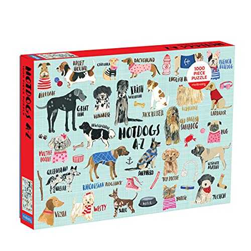 Mudpuppy Hot Dogs A-Z Puzzle, 1000 Piece Dog Jigsaw Puzzle, 27”x20”, Perfect for Ages 8-99+, Family Puzzle to Celebrate Dogs, Illustrations of 26 Dog Breeds, Great Gift for Dog Lovers