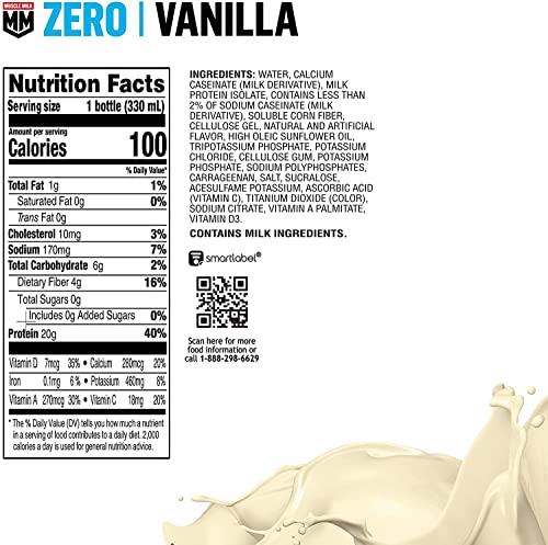 Muscle Milk Zero Protein Shake, Vanilla Crème, 20g Protein, Zero Sugar, 100 Calories, Calcium, Vitamins A, C and D, 4g Fiber, Energizing Snack, Workout Recovery, Packaging May Vary 11.16 Fl Oz (Pack of 12)