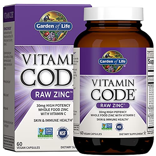 Garden of Life Zinc Supplements 30mg High Potency Raw Zinc and Vitamin C Multimineral Supplement, Vitamin Code Vitamins Trace Minerals and Probiotics for Skin Health and Immune Support, 60 Vegan Capsules