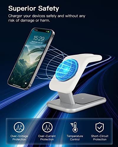 3-in-1 Wireless Charging Station, 18W Fast Mag-Safe Charger Stand for iPhone 14, 13 and 12 Series - Apple Watch and AirPods, Magnetic Wireless Charging Station for Multiple Devices with Adapter and LED