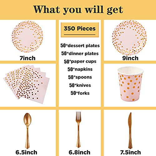 Pink and Gold Party Supplies - 350 PCS Disposable Dinnerware Set - Pink Paper Plates Napkins Cups, Gold Plastic Forks Knives Spoon for Graduation, Birthday, Cocktail Party