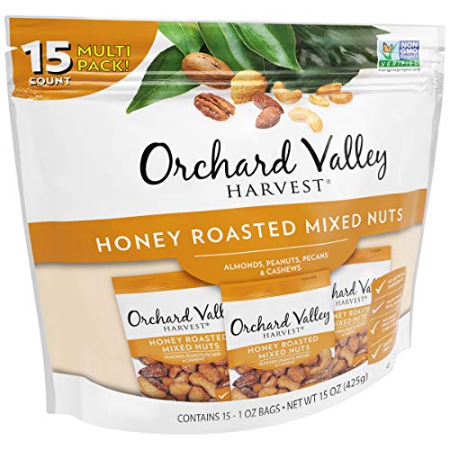 Orchard Valley Harvest Honey Roasted Mixed Nuts, 1 Ounce Bags (Pack of 15), Almonds, Peanuts, Pecans, and Cashews, Gluten Free, Non-GMO, No Artificial Ingredients