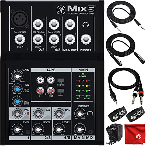 Mackie Mix5 5-Channel Compact Mixer Bundle with Mophead 10-Foot TRS Cable, 10-Foot XLR Cable, 1/4' to 3.5mm TS Cable, 2x Cable Ties and Microfiber Cloth