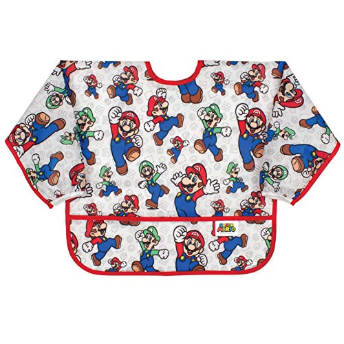 Bumkins Sleeved Baby, Toddler Bib, Smock, Waterproof Fabric, Nintendo Super Mario and Luigis, Fits Ages 6-24 months