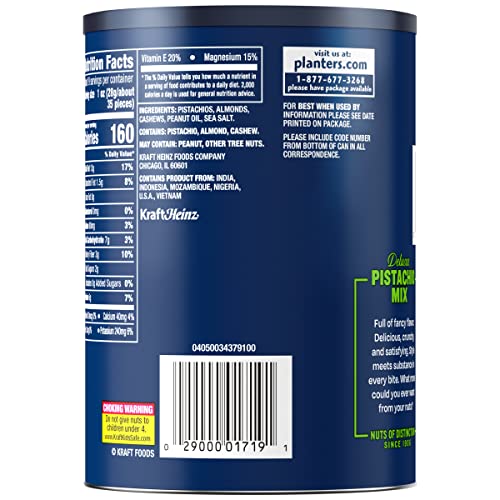 PLANTERS Deluxe Pistachio Mix, 1.15 lb. Resealable Canister - Deluxe Pistachio Mix: Pistachios, Almonds and Cashews Roasted in Peanut Oil with Sea Salt - Kosher, Savory Snack
