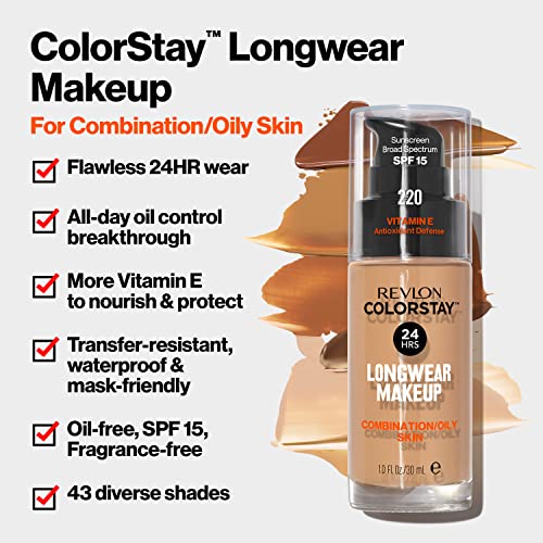 Liquid Foundation by Revlon, ColorStay Face Makeup for Combination and Oily Skin, SPF 15, Medium-Full Coverage with Matte Finish, Natural Beige ((220), 1.0 oz