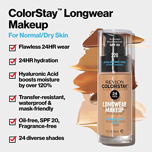 Liquid Foundation by Revlon, ColorStay Face Makeup for Normal and Dry Skin, SPF 20, Longwear Medium-Full Coverage with Natural Finish, Oil Free, 315 Butterscotch, 1 Fl Oz