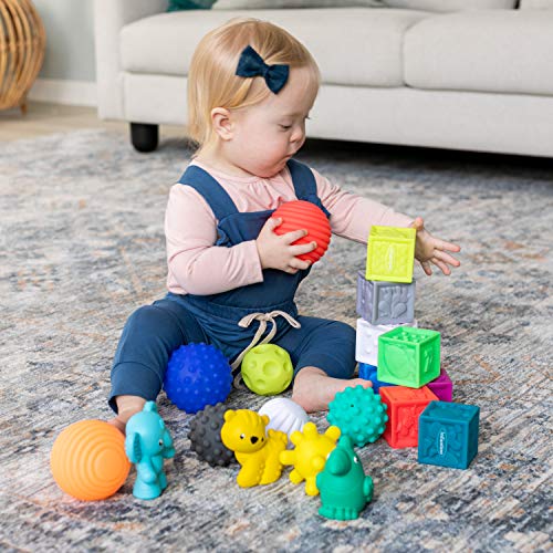 Infantino Sensory Balls, Blocks and Buddies - Textured, Soft and Colorful Toys Includes 8 Balls, 8 Numbered Blocks, 4 Animal Buddies, Ages 0 Months +, 20-Piece Set