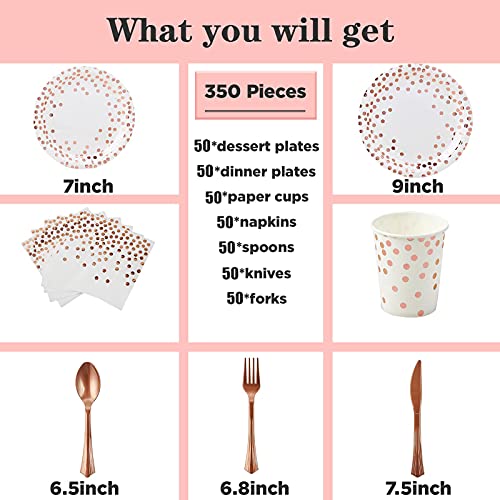White and Rose Gold Party Supplies - 350 PCS Disposable Dinnerware Set - White Paper Plates Napkins Cups, Gold Plastic Forks Knives Spoon for Graduation, Birthday, Cocktail Party