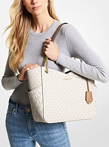 Michael Kors Women's Jet Set Travel Large Chain Shoulder Bag bundled Purse Hook and Skinny Scarf (Signature MK Vanilla)