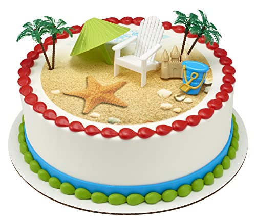 DecoSet® Beach Chair and Umbrella Tropical Beach Cake Decoration, 6 Piece Cake Topper Set, Palm Trees, Deck Chair, Beach Umbrella, Sand Castle and Bucket, Food Safe,