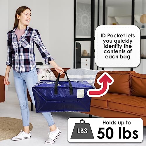 Innovative Haus Extra Large Heavy Duty Blue Moving Bag with Zipper and Strong Handles. Durable Backpack Straps On the Bottom. Space Saving Design Folds Flat for Easy Storage. Perfect for College Dorm Rooms. Great Alternative to Moving Box. 4 Pack