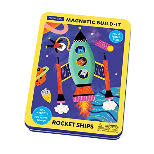 Mudpuppy Rocket Ships Magnetic Build-It Game – Magnetic Toys for Ages 4+, Fun and Compact Travel Activity for Kids, Includes 60+ Magnets and Durable Storage Tin