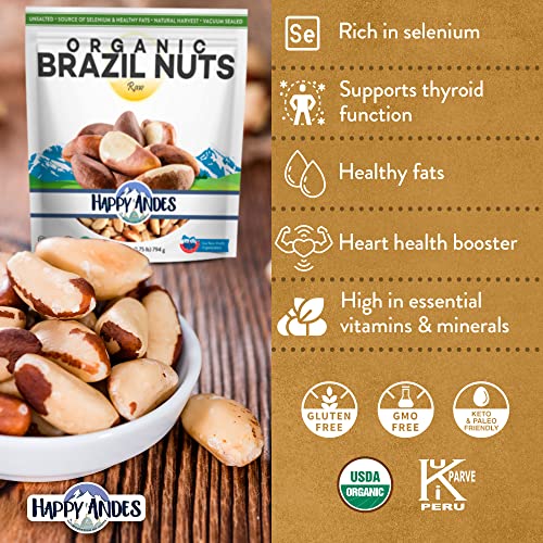 Happy Andes Real Organic Brazil Nuts 1.75 lbs -Non-GMO, Raw Whole nuts,Vacuum Sealed, Resealable bag, Low Carb, Keto Friendly, Vegan Snack, Unsalted, Natural Snack