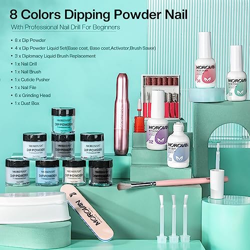 Morovan Dip Powder Nail Kit - 8 Colors Nail Dip Powder Kit With Nail Drill All In One Dip Nails Powder Starter Kit With Dip Powder Liquid Set Base and Top Coat Dipping Powder Nail Kit Salon DIY at Home