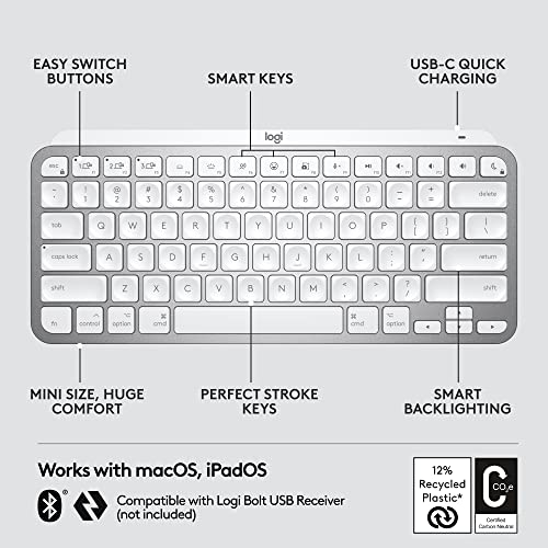 Logitech MX Keys Mini for Mac Minimalist Wireless Illuminated Keyboard, Compact, Bluetooth, Backlit Keys, USB-C, Metal Build, Compatible with MacBook Pro,Macbook Air,iMac,iPad