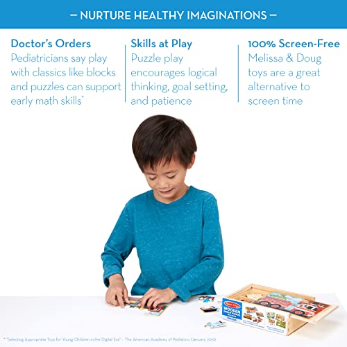 Melissa and Doug Vehicles 4-in-1 Wooden Jigsaw Puzzles in a Storage Box (48 pcs) - Toddler , Fire Truck Puzzles For Kids Ages 3+ - FSC-Certified Materials