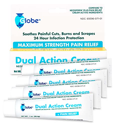 (4 Pack) Globe Triple Antibiotic Cream + Pain Relief, Neomycin, Polymyxin B, Pramoxine HCl, Soothes Painful Cuts, Burns and Scrapes, 24 Hour Infection Protection