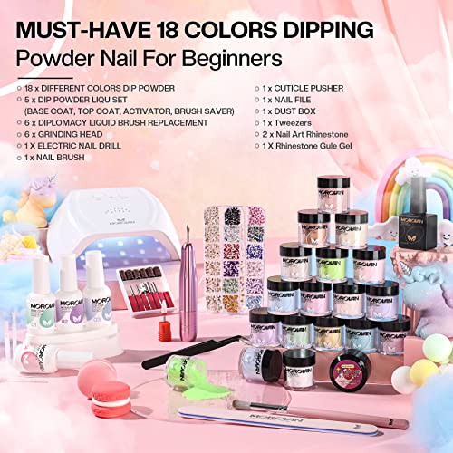 Morovan Dip Powder Nail Kit Starter - 18 Dip Powder Colors Green Blue Glitter Nail Dip Powder Kit with UV Lamp and Electric Nail Drill Dip Nails Powder Starter Kit for Nail Lovers DIY Nails Art Salon