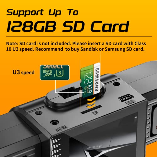 iiwey T1-pro Dash Cam Front and Rear Inside 3 Channel 1080P, Adjustable Lens Dash Camera for Cars with 8 IR Lamps Night Vision, Three Ways Triple Car Camera, Loop Recording, G-Sensor, Parking Monitor