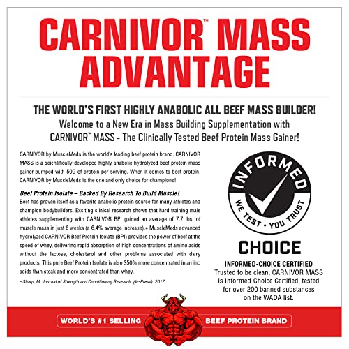 MuscleMeds Carnivor Mass Gainer Beef Protein Isolate Shake, 50 Grams Protein, 125 Grams Carbs, 0 Fat, 0 Sugar, Lactose Free, ChocolateFudge, 6 Pound