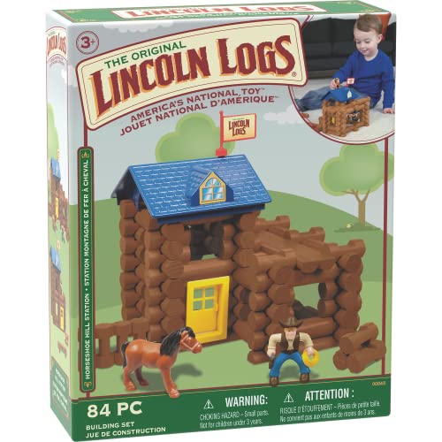 LINCOLN LOGS-Horseshoe Hill Station-83 Pieces-Real Wood Logs - Ages 3+ - Best Retro Building Gift Set for Boys/Girls – Creative Construction Engineering – Top Blocks Game Kit - Preschool Education Toy