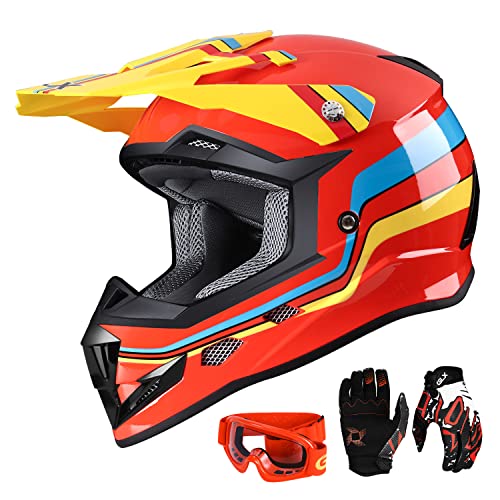 GLX GX623 DOT Kids Youth ATV Off-Road Dirt Bike Motocross Motorcycle Full Face Helmet Combo Gloves Goggles for Boys and Girls (Retro Red, Large)