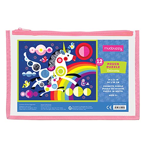 Mudpuppy Unicorns Pouch Puzzle, 12 Extra-Thick Pieces, 14”x11” – Great for Kids Age 2+ – Perfect for Travel – Helps Develop Hand-Eye Coordination - Packaged in Secure, Reusable Pouch