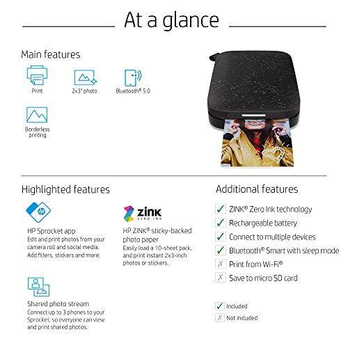 HP Sprocket Portable 2x3' Instant Color Photo Printer (Noir) Print Pictures on Zink Sticky-Backed Paper from your iOS and Android Device.