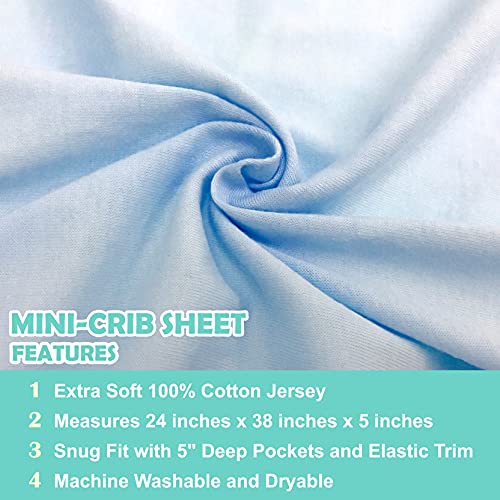 American Baby Company 100% Natural Cotton Value Jersey Knit Fitted Portable/Mini-Crib Sheet, Blue, 24' x 38' x 5', Soft Breathable, for Boys and Girls, Pack of 3