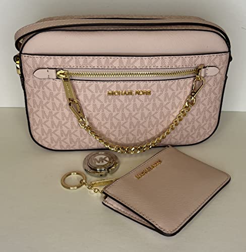 Michael Kors Jet Set Large Chain Crossbody Bag bundled with with SM TZ Coinpouch Wallet and Purse Hook (Signature MK Powder Blush)