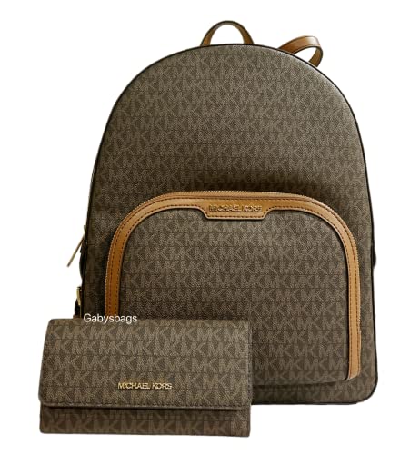 Michael Kors Jaycee Large Backpack School Bag Bundled with Michael Kors Jet Set Travel Large Trifold Wallet MK Signature (Brown MK)