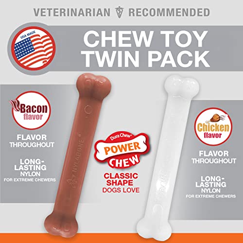 Nylabone Classic Power Chew Toys Twin Pack - Dog Toys for Aggressive Chewers - Tough and Durable Dog Bones for Large Dogs - Bacon and Chicken Flavors, Large/Giant (2 Count)