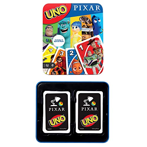Mattel Games UNO Pixar Card Game for Family Night, Travel Game for Kids with Storage Tin and Special Rule for 2-10 Players [Amazon Exclusive]