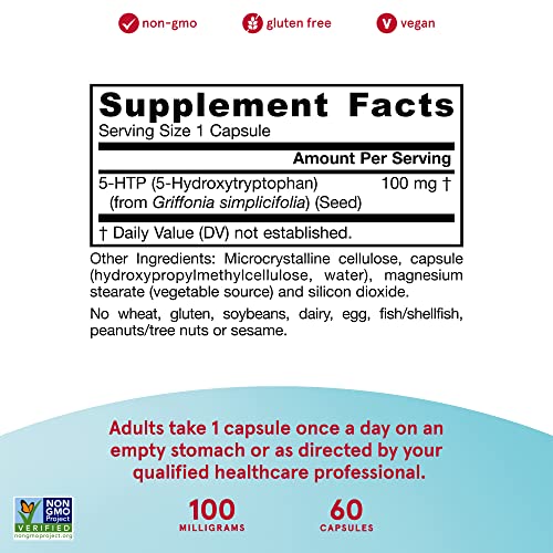 Jarrow Formulas 5-HTP - 60 Veggie Capsules - Supports Melatonin Production - Dietary Supplement May Support Mental Health and Sleep - 60 Servings (PACKAGING MAY VARY)