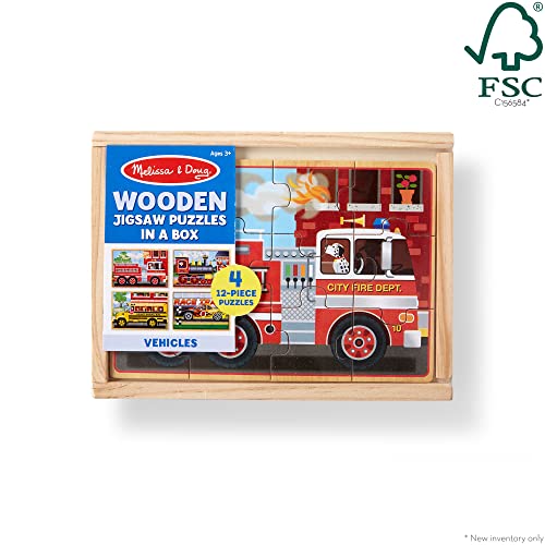 Melissa and Doug Vehicles 4-in-1 Wooden Jigsaw Puzzles in a Storage Box (48 pcs) - Toddler , Fire Truck Puzzles For Kids Ages 3+ - FSC-Certified Materials