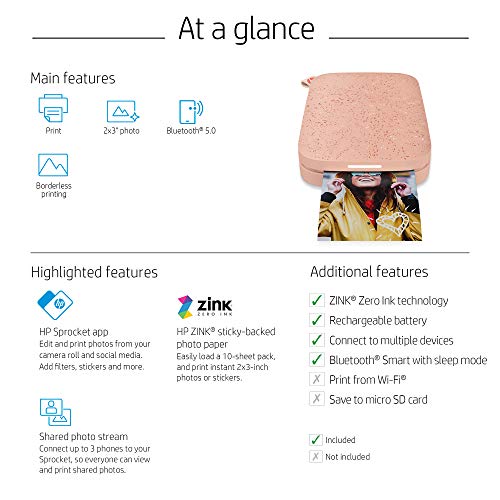 HP Sprocket Portable 2x3' Instant Photo Printer (Blush) Print Pictures on Zink Sticky-Backed Paper from your iOS and Android Device.