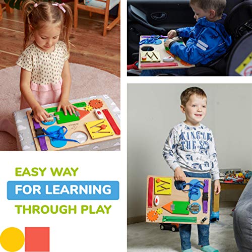 deMoca Busy Board for Toddlers, Montessori Toy for 3 Year Old with 10 Educational Toddler Activities to Develop Fine Motor Skills, Learning Wooden Travel Toy for Plane and Car Journey